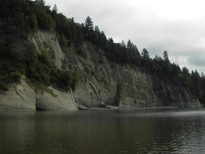 Sandstone bluffs of the Wildcat Group provided the sounding board (read: echo) for the cursing and swearing that could be head along the river this afternoon.  Note the small hole near the center of the bluff - a drain hole for the railroad tunnel that passes through.